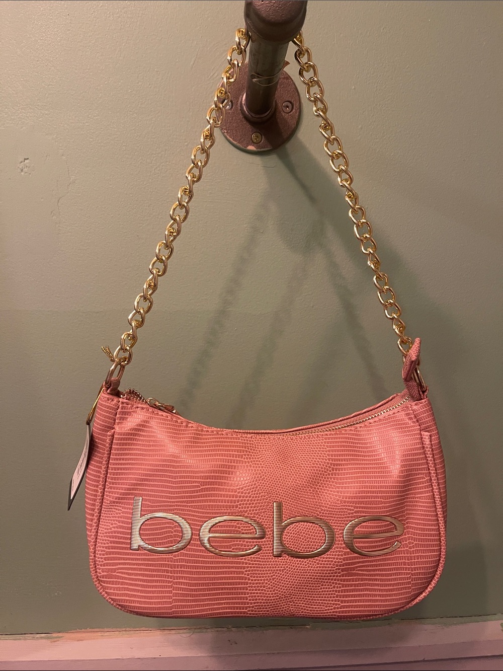 bebe Pink Textured Shoulder Bag with Gold Chain